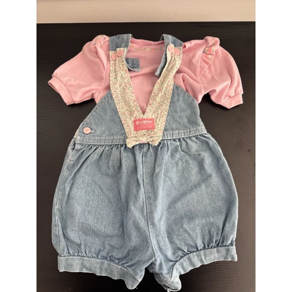 Vintage OshKosh B'Gosh Vestbak Denim Bubble Overalls Floral Trim Baby 4T Shirt
